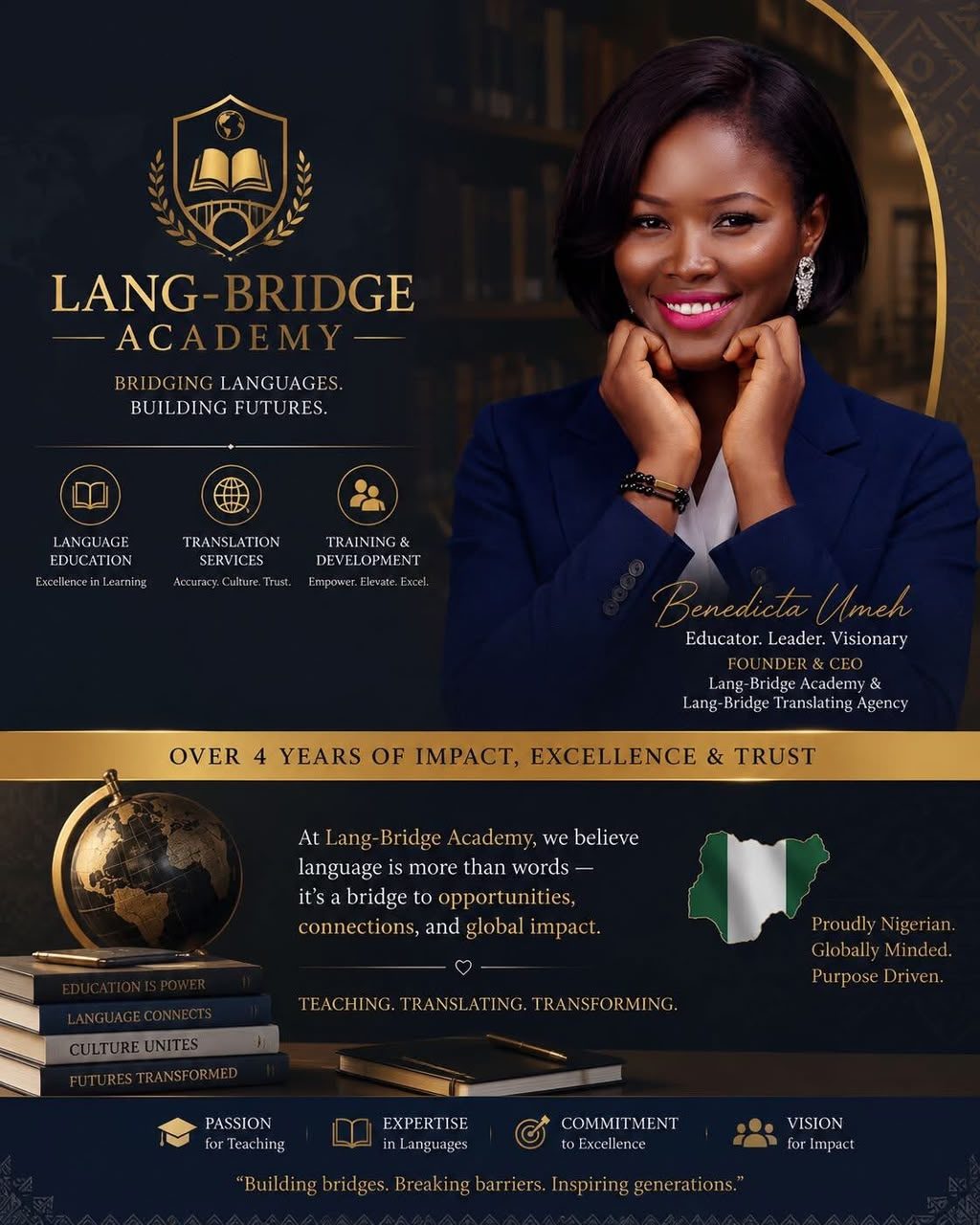 Lang-Bridge Academy flyer introducing founder and CEO Benedicta Umeh, with language education, translation services, and training and development.